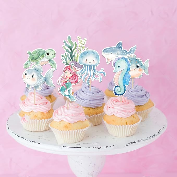 40 Pack Marine Animal Cupcake Toppers Glitter Starfish Hippocampus Seaweed Ocean Sea Animal Creature Marine Cupcake Picks Kids Birthday Baby Shower Summer Cake Decorations Style 2