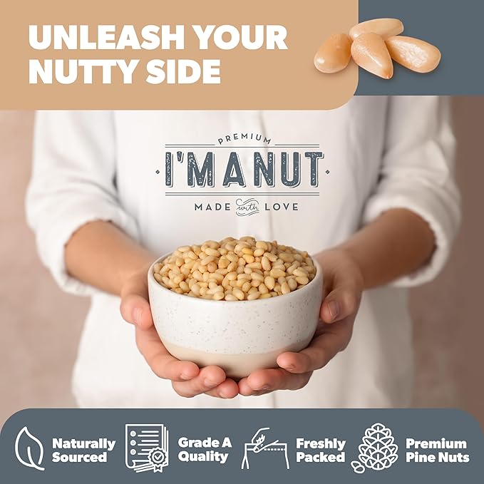 Premium Raw Pine Nuts 32oz (2 lbs.) Non-GMO, No Additives Batch Tested Gluten & Peanut Free, Resealable Pouch for Freshness, Unsalted Pine Nuts - Perfect for Pesto, Salads, Gourmet Cooking and Baking
