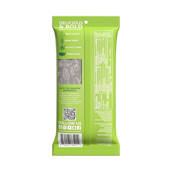 SMACKIN' Sunflower Seeds, Roasted Jumbo Small-Batch, American Made - Dill Pickle. 1.5oz bags (36 Pack)