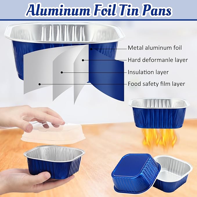 Aoriher 150 Pieces 10 oz Mini Cake Pans with Lids Aluminum Foil Baking Cups Square Disposable 4" x 4" Large Cupcake Cups Baking Tins for Kitchen Brownie Pudding Desserts Holders(Sapphire Blue)
