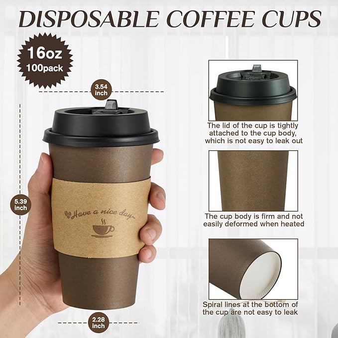 LITOPAK 100 Pack 16 oz Paper Coffee Cups, Brown Disposable Coffee Cups with Lids, Sleeves, Sticks, Drinking Cups for Hot Coffee, Water or Juice, Hot Paper Cups for Home, Restaurant, and Store
