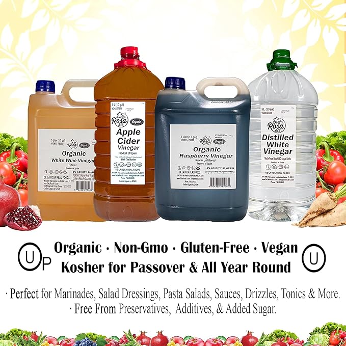 De La Rosa Organic Raspberry Vinegar, Raw & Unfiltered Pure Vinegar, Vegan, Gluten Free & Kosher, Great for Organic Salad Dressing and Marinades, 5 Liters (Pack of 1)