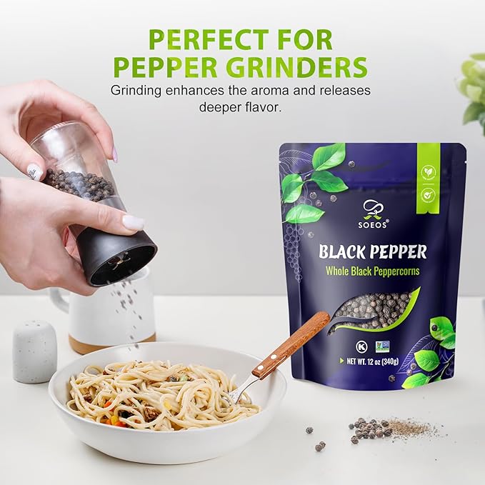 Soeos Black Peppercorns, 12oz (Pack of 1), Whole Black Pepper, Non-GMO, Kosher, Freshly Peppercorn Bulk, Packed to Keep Peppers Fresh, Ready to Use Corns for Grinder Refill