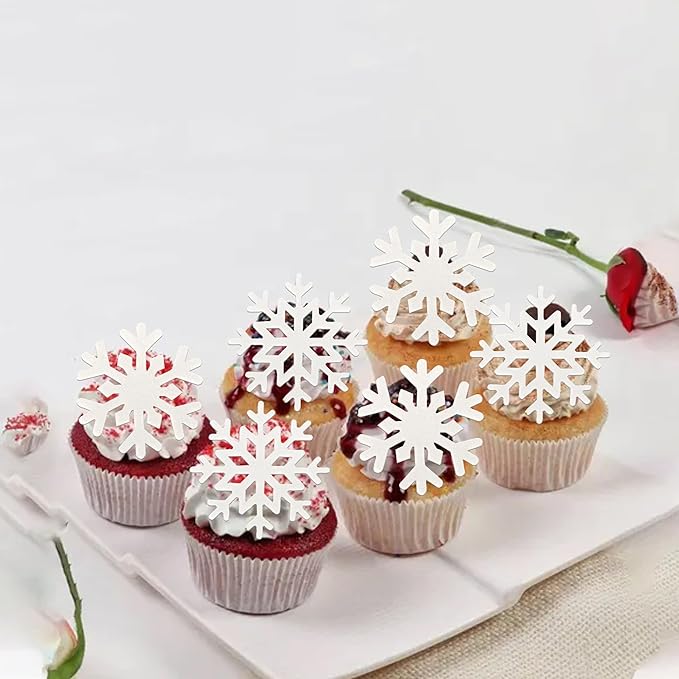 60 PCS Edible Snowflake Cupcake Toppers Wafer Paper Snowflake Cupcake Picks Edible Frozen Cupcake Decorations for Christmas Winter Wonderland Frozen Theme Baby Shower Birthday Party Supplies White