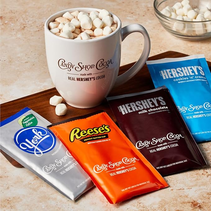 Candy Shop Cocoa Mix Variety Pack, Hot Chocolate, HERSHEY'S Milk Chocolate, REESE?™S Peanut Butter Cup, YORK Peppermint Pattie, Make Hot or Iced, Made With Real Milk, 8 Packets Each (Pack of 24)
