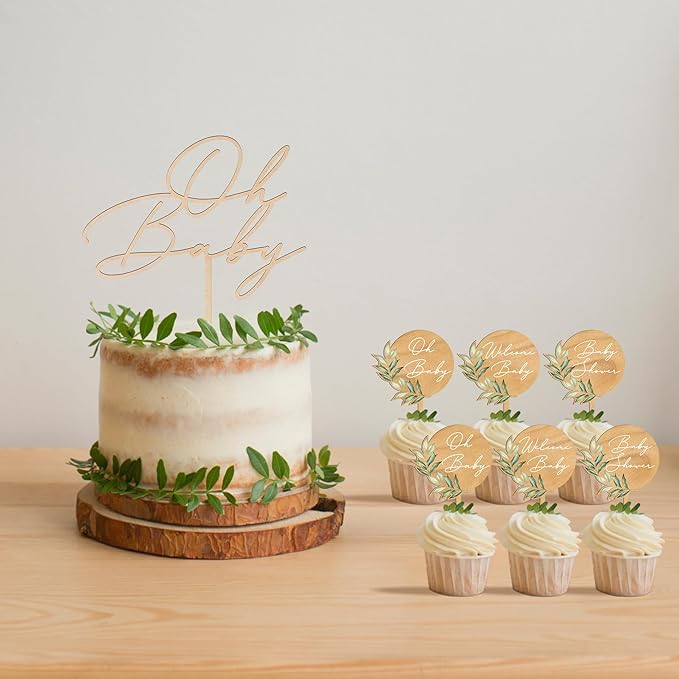12 PCS Baby Shower Party Cupcake Toppers Oh Baby Cake Cupcake Decorations in Wood (Design B)