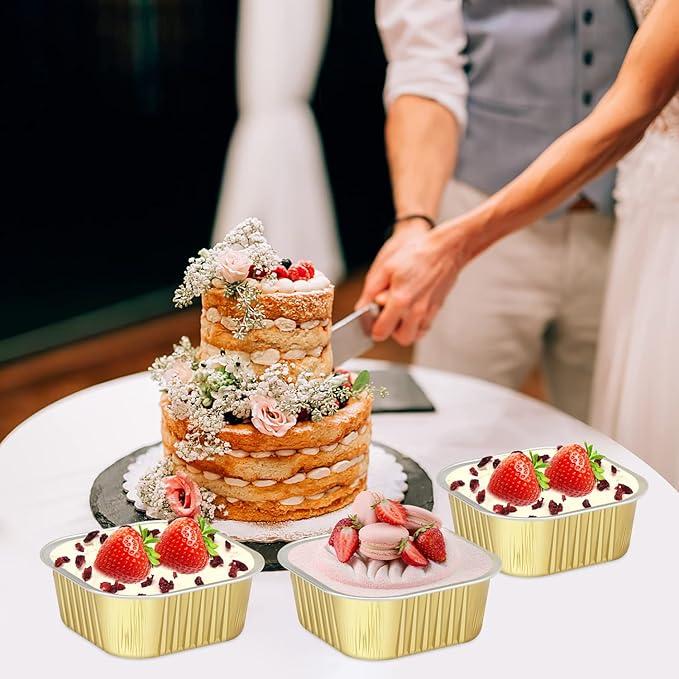 5oz/80pack Foil Mini Cake Baking Pans with Lids,LNYZQUS Small Disposable Ramekins Cupcake Tins Muffin Baking Cups,Aluminum Square Brownie Pan Mini Cheesecake Containers-Gold