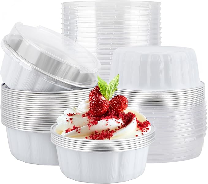 EUSOAR Cake Container, 25pcs 9oz White Large Aluminum Pans with Lids, Muffin Liners Foil Ramekins Cupcakes Bread Pudding Round Holders Cups for Wedding Birthday Theme Party