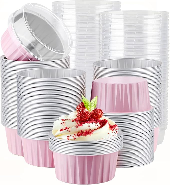 EUSOAR Disposable Ramekins with Lids, 200pcs 5oz Aluminum Foil Cupcake Liners Ramekins Cups for Baking, Dessert Cups Aluminum Cheesecake Pan Creme Brulee Baking Cups for Oven-Pink