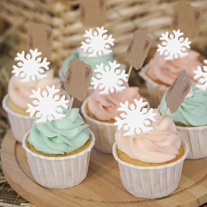 50pcs Edible Snowflake Cupcake Toppers ??Edible Cake Decorations & Snowflake Cake Decorations for Christmas, Winter & Any Party (White)