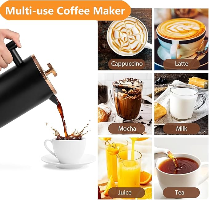 Black French Press Stainless Steel 34oz, Double Wall Insulated Coffee Press 1L for travel camping with 2 Extra Filter Screens and 1 Coffee Spoonç«?cup 1000mlç«?,<div>