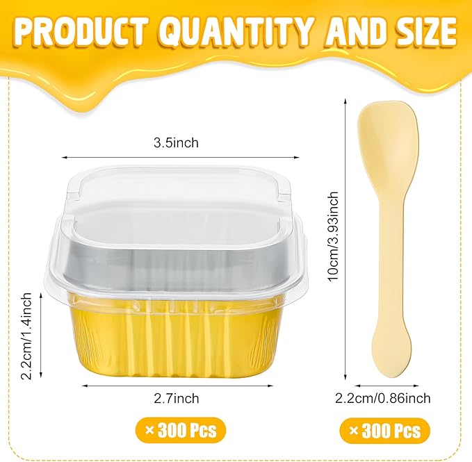 Hushee 600 Pcs Aluminum Foil Baking Cups with Lids and Spoons 5oz Disposable Ramekins Dessert Muffin Creme Brulee Cupcake Liners Containers for Wedding Birthday Christmas Party(Square,Gold)