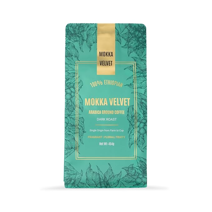 Mokka Velvet Ethiopian Coffee Ground - Organically Grown Dark Roast Coffee Ground, Single Origin, Ground Coffee, 100% Ethiopian Harar Arabica Coffee, Resealable Bag 454g.