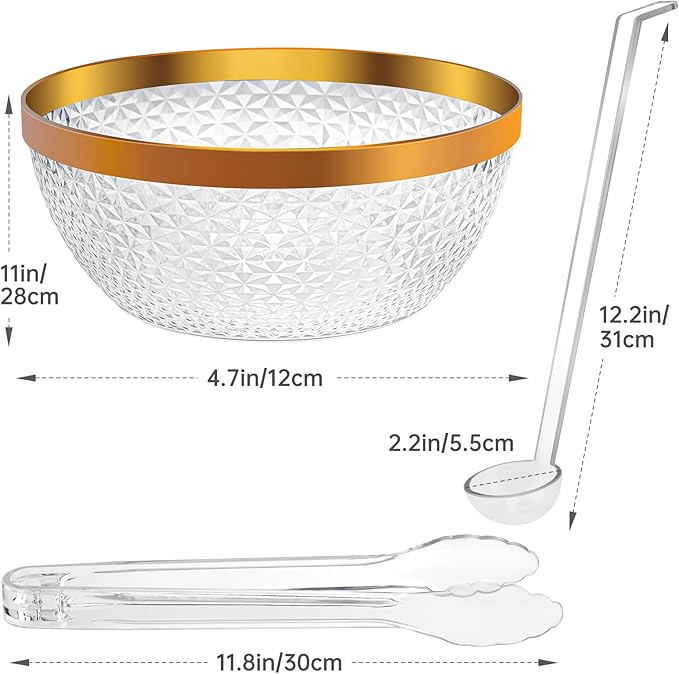 NiHome Plastic Punch Bowl with Ladle and Tong for Parties, Weddings, BBQs, 1.4 Gallon Gold Trim Clear Beverage Serving Bowl Complete Set for Cocktails, Salads, Snacks, Easy to Clean