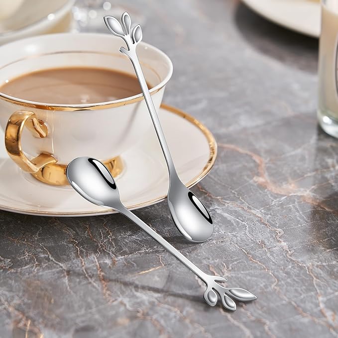 AnSaw Silver Small Coffee Spoon Holder Set,Swan Base With 10 Pcs Demitasse Espresso Spoons Set,4.7" Mini Leaf Dessert Spoon,Stainless Steel Tea Spoons
