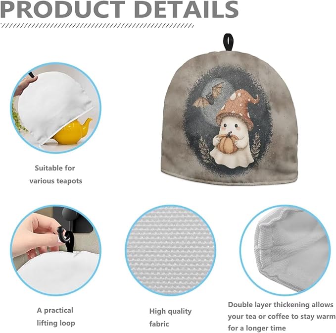 Halloween Cute Ghost Bat Print Tea Cozy for Teapot,Tea Cosy with Handle Hanging Teapot Dust Novelty Kitchen Kettle Dust Cover Tea Pot Cover for Home Decoration