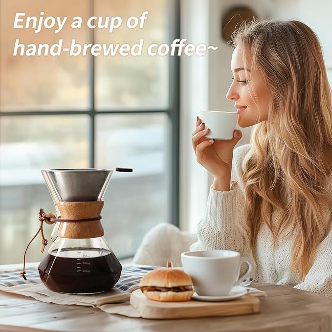 Pour Over Coffee Maker 20 OZ, 6 Cup Borosilicate Glass Drip Coffee Maker with Reusable Stainless Steel Filter and Cork Grip for Home Caf챕 600 ML (Diamond Shape)