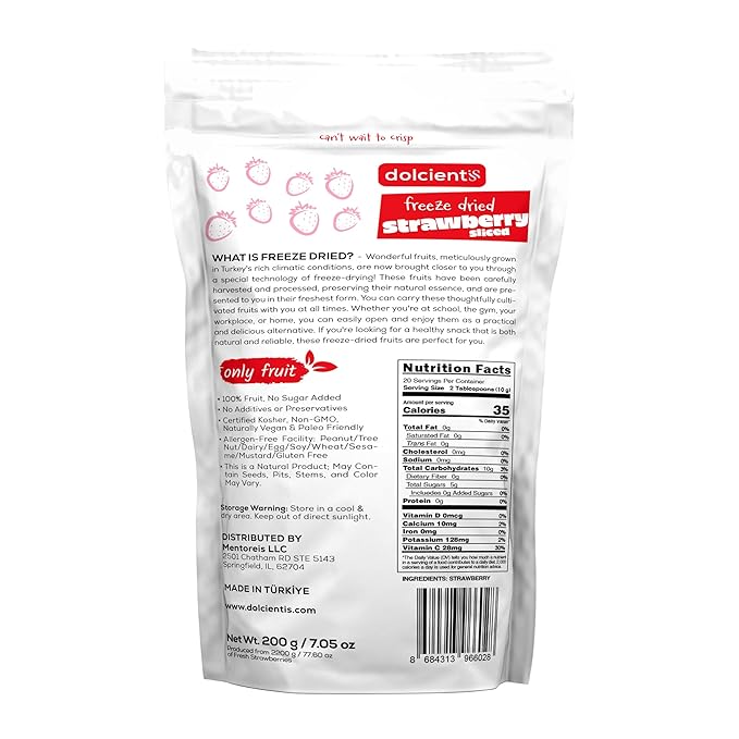 Dolcientis Freeze Dried Strawberries Sliced | 100% Natural Healty Fruit Snacks | Emergency Food Supply 25 Year Shelf Life | Non GMO, Kosher, Gluten free, Vegan, No Sugar Added, 7.05 oz, 20 Servings