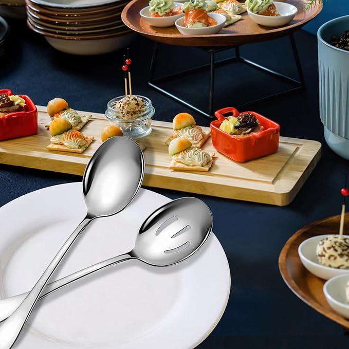 4 Piece Stainless Steel Serving Spoons Set, 10-Inch, Includes 2 Large, 2 Slotted, for Parties/Kitchen/Buffet/Catering, Dishwasher Safe