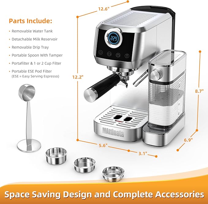 Cappuccino Coffee Machine, Espresso Machine Touchscreen Control with Auto Milk Frother, Stainless Steel Espresso Maker 20 Bar, Latte Coffee Maker with for Home, Office with Timer
