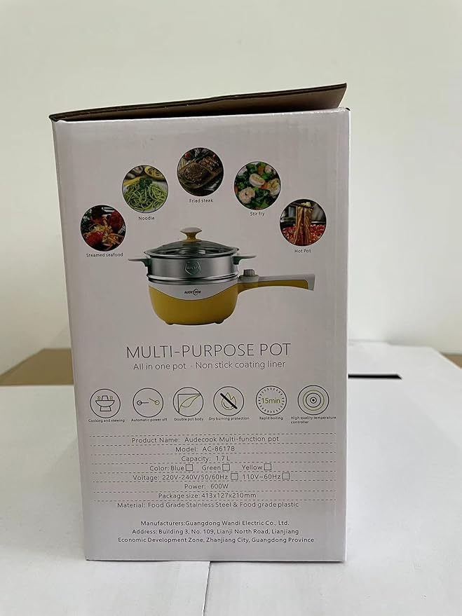 Audecook Hot Pot Electric, 1.7L Mini Electric Skillet Portable Nonstick Saut챕 Pan with Power Adjustment, Rapid Noodles Cooker Travel Multicooker for Steak/Soup/Egg/Oatmeal/Noodles