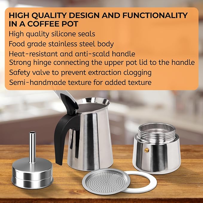 2 Cup 100ml Moka Pot Stainless Steel Espresso Coffee Maker Stovetop Percolator Coffeemaker Italian Classic Style Brewing Greca Cafe Mocha Machine for Cafeteras Lover Camping Travel and Home Use 3.3oz