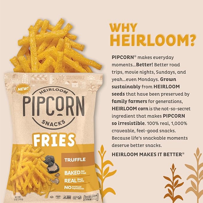 Heirloom Baked Truffle Fries by Pipcorn - 5oz 6pk - Healthy Snacks, Gluten Free Snacks, Non-GMO, Upcycled Heirloom Corn Flour, Vegan, Baked Not Fried Snacks