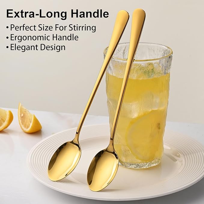 Gold 7.5 Inch Gold Iced Tea Spoons,Set Of 8 Stainless Steel Long Coffee Spoons,Long Handle Stirring Spoon For Dessert,Coctails,Ice Cream,Milk,Iced Teaspoons For Bar