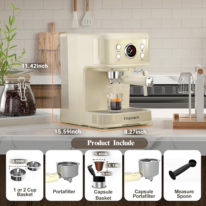White Espresso Machine with Milk Frother, Cappuccino Machines for Home, Coffee Espresso Machine Suitable for Coffee Powder/NS Original Capsules, Espresso Maker with Thermometer