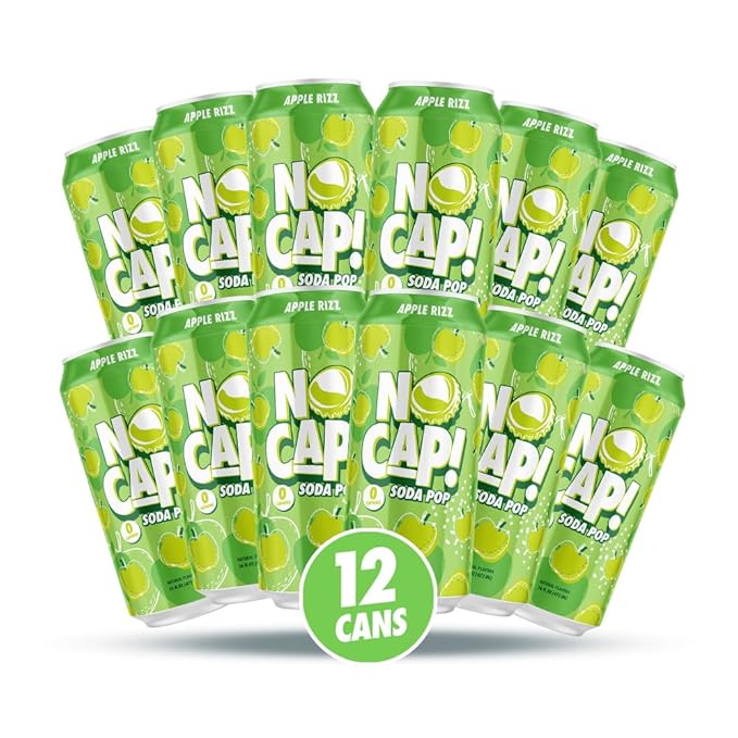 No Cap! Healthy Soda Drinks For Kids, Teenagers & Adults,Natural Flavors, Zero Sugar, Zero Calorie, Caffeine Free,16 Oz Cans, (12 Pack) Apple Rizz