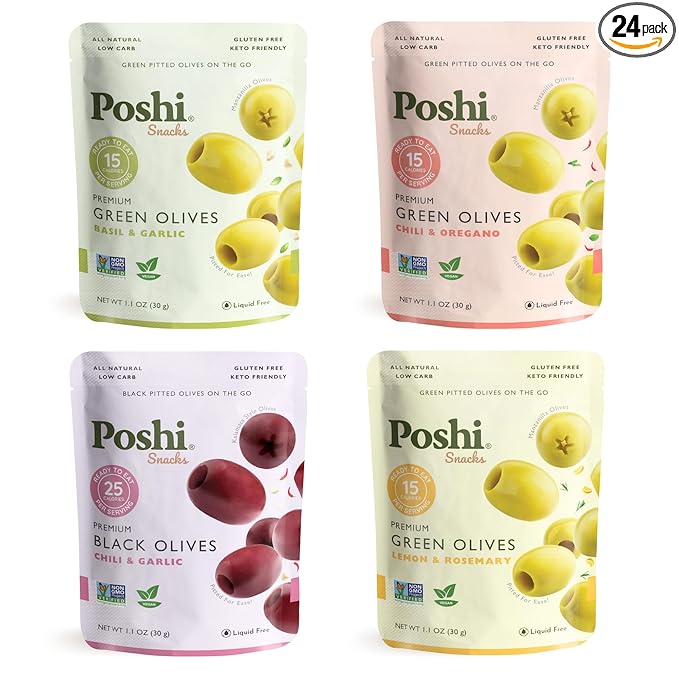 Poshi Natural Whole Pitted Olives | 24 Pack Variety | Basil & Garlic, Chili & Oregano, Chili + Garlic, Lemon & Rosemary | Vegan, Kosher, Gluten Free + Keto Friendly Healthy Snacks, 1.1 Oz (Pack of 24)