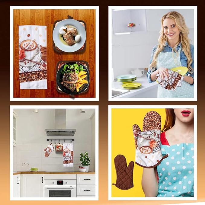 Lobyn Value Packs: 5-Piece Caf챕 Latte Kitchen Towel Set ??Quilted Oven Mitt & 2 Potholders, Perfect for Coffee Lovers