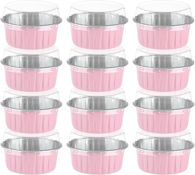100Pack Alluminum Cupcake Containers, 5oz Dessert Cups with Lids, Mini Cake Pans With Lids&Spoons for Gift Holiday Birthday Party Cake Baking Sales Mini Storage Box Stackable Portable (pink)