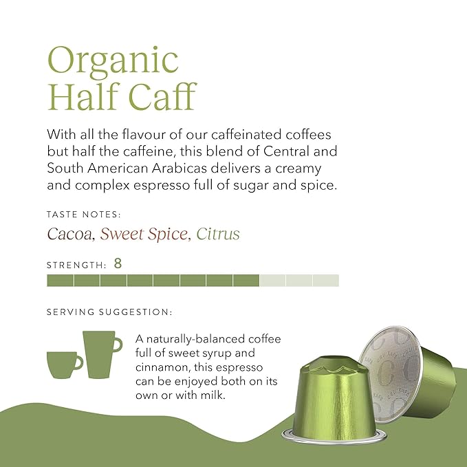 Cru Kafe USDA Organic Half Caff Espresso Coffee Capsules (50 Pods) Fairtrade Coffee Pods Compatible with Nespresso Original Line and Pixie Machines