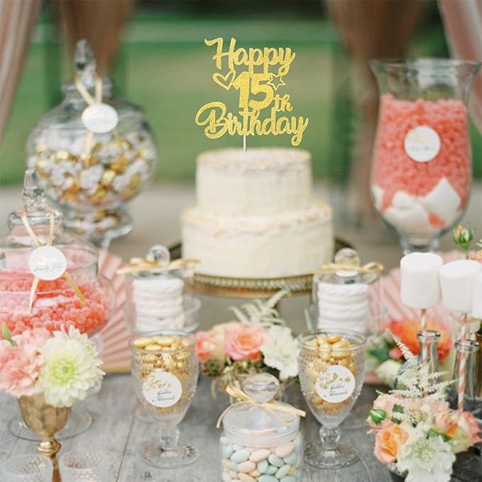 1 Pack Happy 15th Birthday Cake Topper Glitter Heart Star 15 Fabulous Cake Pick Birthday Sign Cake Decorations for 15th Birthday Theme Party Supplies Gold