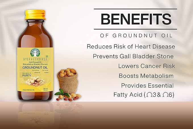 AYUREVDASHREE Cold Pressed Peanut Oil 3.38 fl oz. | Perfect for Deep Frying, High Heat Cooking, Adding to Noodles, Stir-Fries | Wood Pressed Groundnut Oil