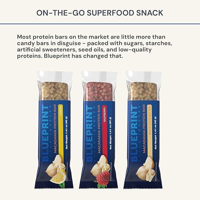 Blueprint by Bryan Johnson Macadamia Nut Protein Bars ??Variety Pack Protein Bars - Lemon, White Cocoa & Raspberry ??Vegan, Low Sugar, Keto-Friendly Snacks ??Non-GMO, Raw Nut Bar??9g Protein ??12 Pack
