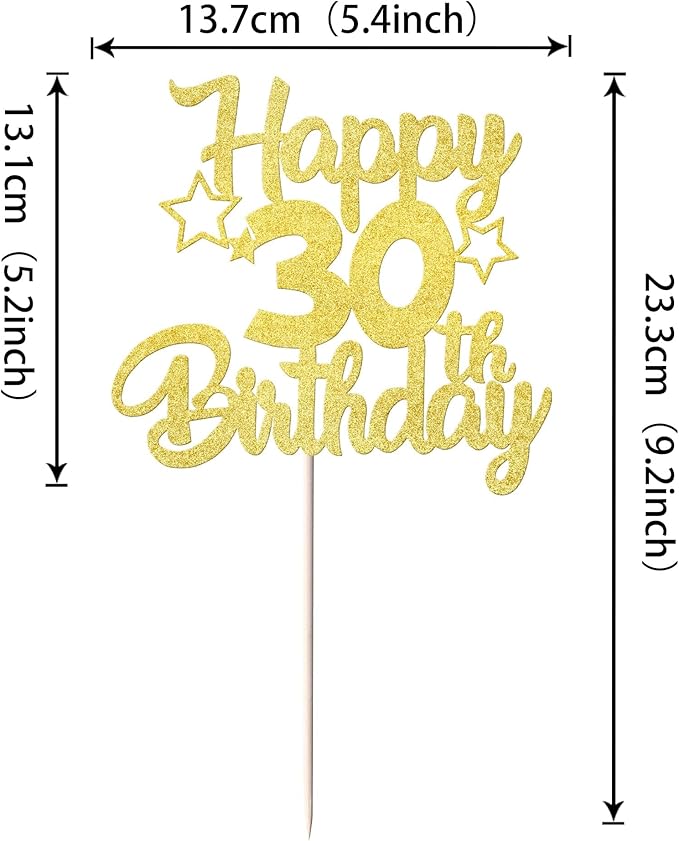 1 Pack Happy 30th Birthday Cake Topper Glitter Heart Star 30 Fabulous Cake Pick Birthday Sign Cake Decorations for 30th Birthday Theme Party Supplies Gold