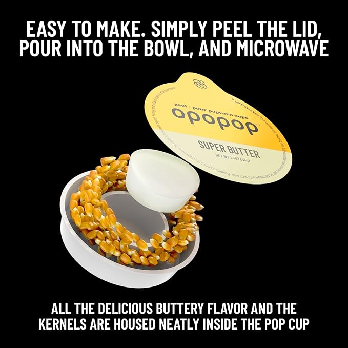 Opopop Microwave Popcorn - Pop Cups Super Butter 6-Pack, Non-GMO Gourmet Popcorn Kernels & Flavoring, Butter Popcorn, Gluten Free Snacks, Easy to Make and No Mess