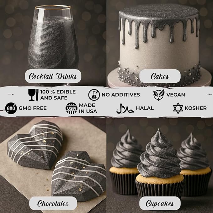 Bulk (20g) Black Luster Dust Edible Cake Decorations, Edible Black Dust for Cakes, Black Edible Luster Dust for Cupcake Decorations, Cake Drip, Black Fondant for Cakes and Black Edible Paint
