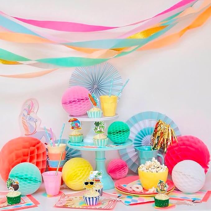 40 Pack Summer Beach Cupcake Toppers Sun Umbrella Coconut Bus House Cupcake Picks Slippers Kayak Cake Decorations for Baby Shower Hawaii Beach Birthday Party Supplies