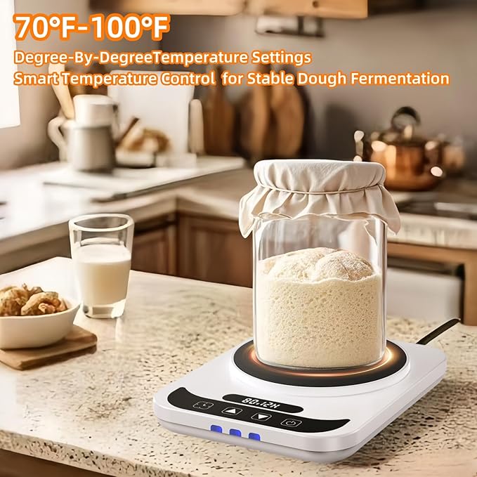 Sourdough Starter Warmer Mat - 12H Timer & Precise 1°F Thermostat (70-100°F) - Auto On/Off - Fits 40oz Jars for Home Baking (White)