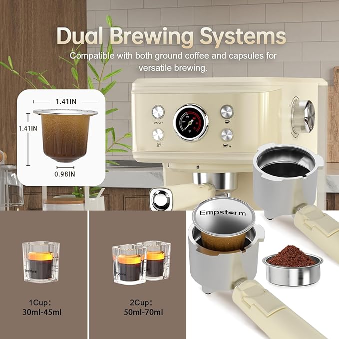 White Espresso Machine with Milk Frother, Cappuccino Machines for Home, Coffee Espresso Machine Suitable for Coffee Powder/NS Original Capsules, Espresso Maker with Thermometer