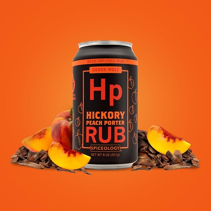 Spiceology & Derek Wolf - Hickory Peach Porter - Beer-Infused Barbecue Rubs, Spices and Seasonings - Use On: Chicken, Ribs, Salmon, Duck, Veggies or Marinades - 8 oz Can with Resealable Lid