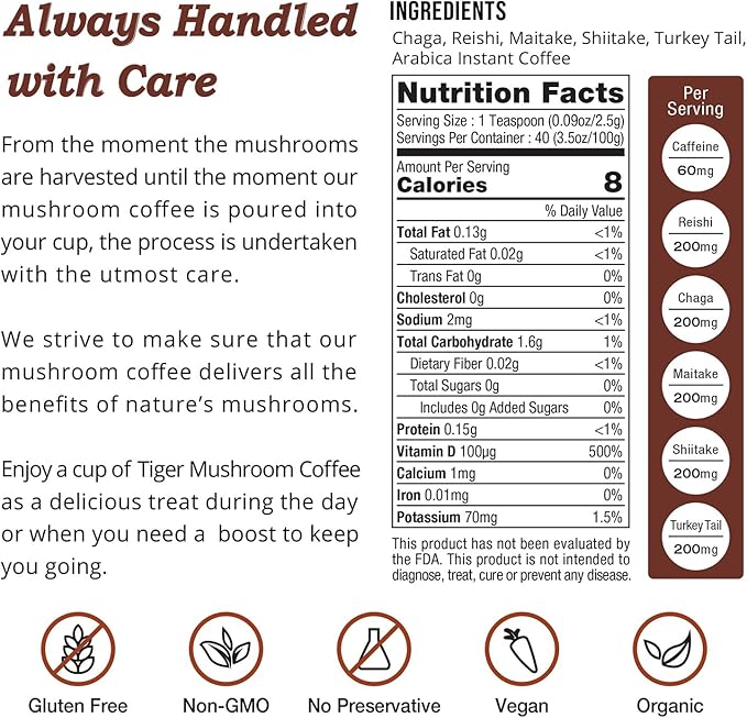 Tiger Organic 5 Mushroom Instant Coffee β 30 Servings with 100% Arabica | Immune System Booster, Reishi, Maitake, Shiitake, Chaga & Turkey Tail Mushrooms | Gluten & Dairy Free, Vegan - Natural Energy
