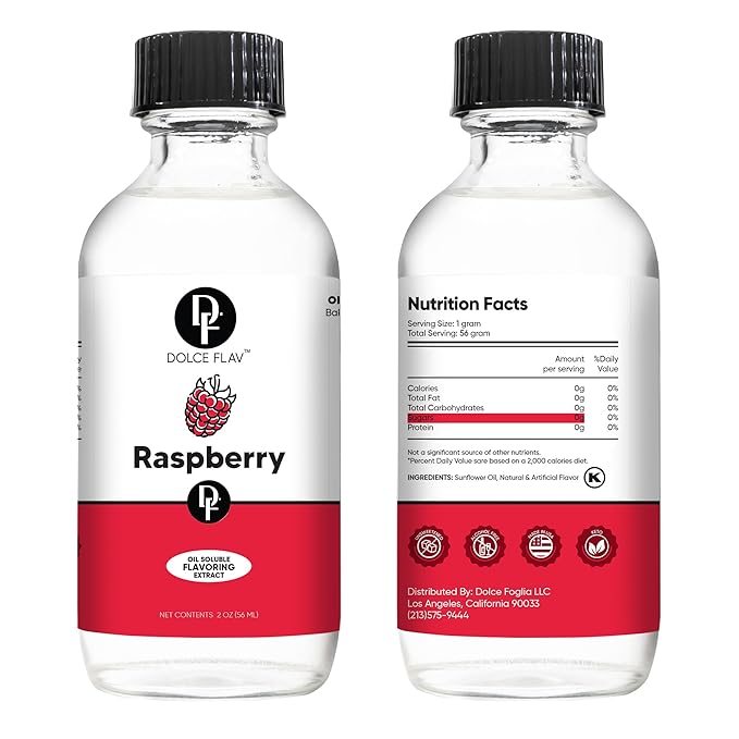 Dolce Flav Raspberry Extract ??2 Ounce Oil-Soluble Kosher, Sugar-Free, Concentrated Raspberry Flavoring for Chocolates, Candies & Baking, Includes Measured Dropper