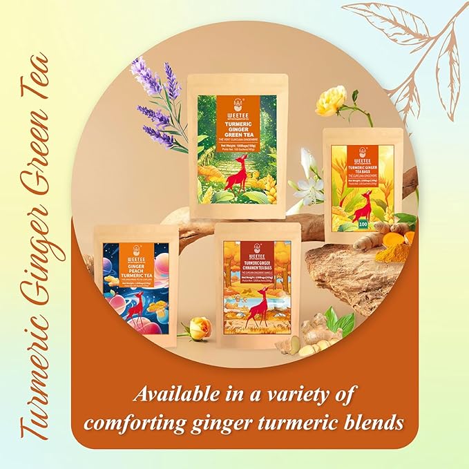 WT WEETEE Turmeric Ginger Green Tea Bags, 100 Count Made Turmeric, Ginger Root, Cinnamon and Honey Flavoring, Natural Caffeine-free Spice Tea