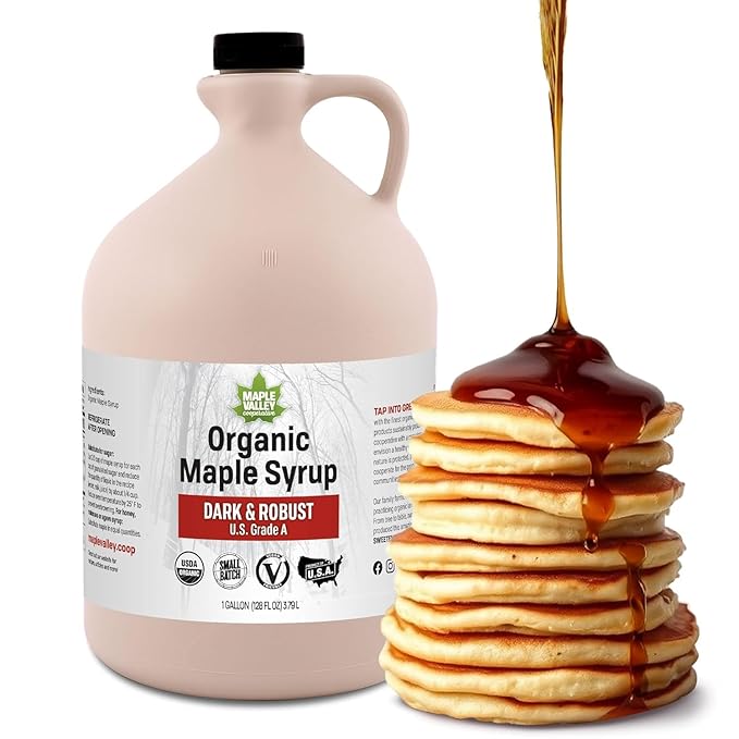 Maple Valley Organic Pure Maple Syrup, Dark & Robust Better Than Pancake Syrup, Use for Coffee or All-Natural Sugar Substitute in Cooking and Baking (128oz Plastic Jug)