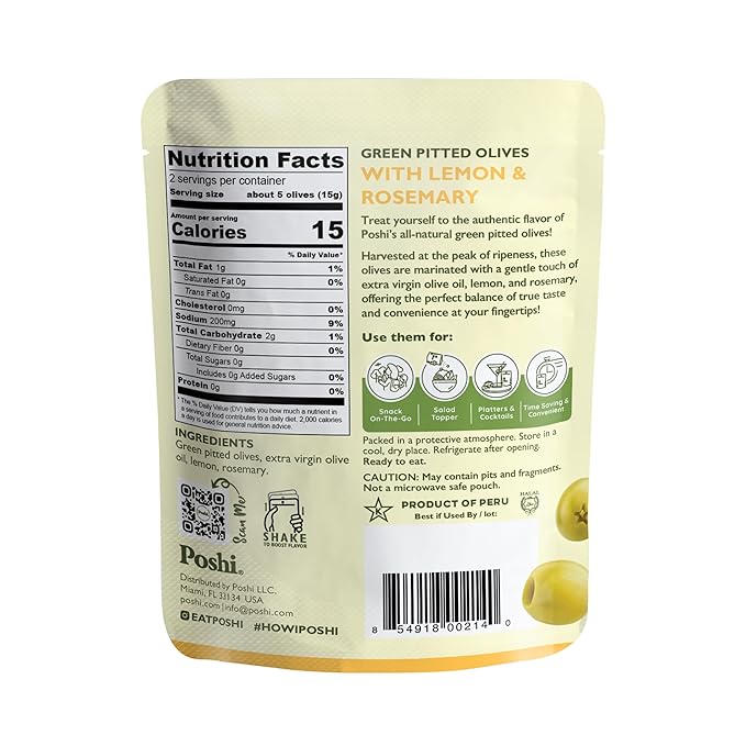 Poshi Green Pitted Olives | Lemon & Rosemary | Vegan, Kosher, Gluten Free + Keto Friendly, Fresh, All Natural Low Calorie Healthy Snacks | (30 Pack, 1.1oz Bags)