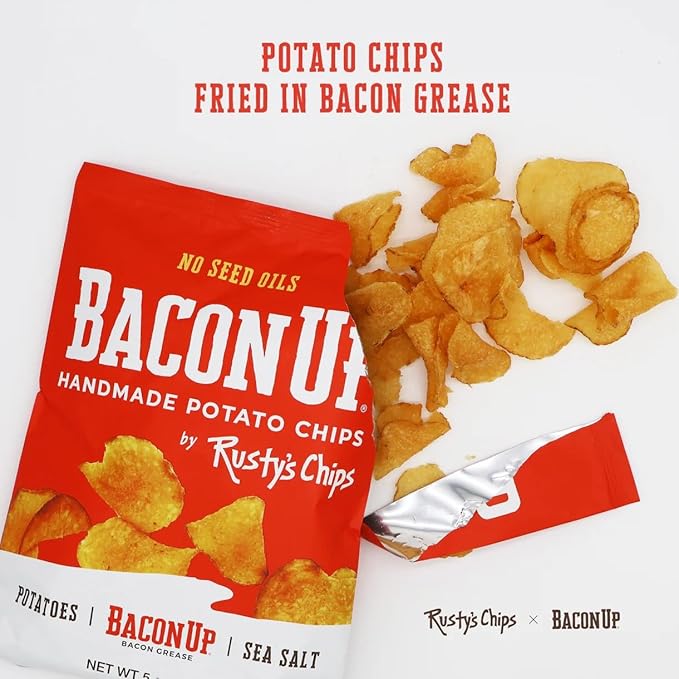 Bacon Up By Rusty's Chips, Handmade Healthy Chips, Sea Salt Potato Chips, No Seed Oils, Dairy Free Snack Pack, Gluten Free, No Preservatives, Non-GMO, 5 Ounces (6 Pack)